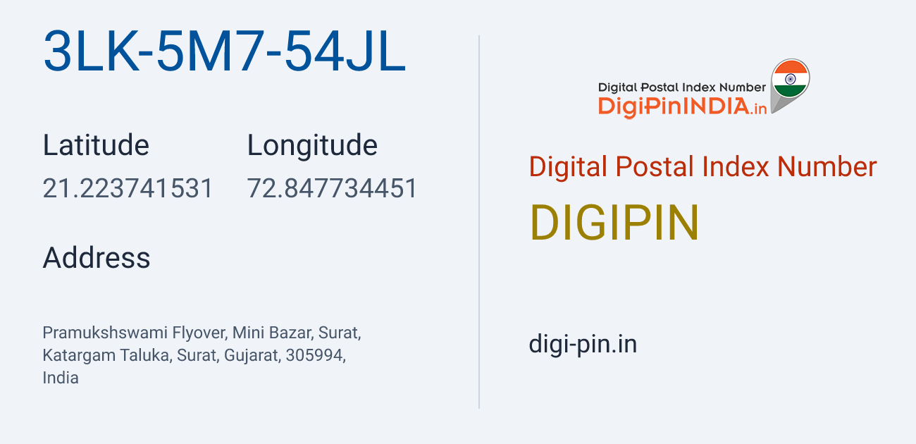 DigiPin 3LK-5M7-54JL location map showing coordinates 21.223742, 72.847734