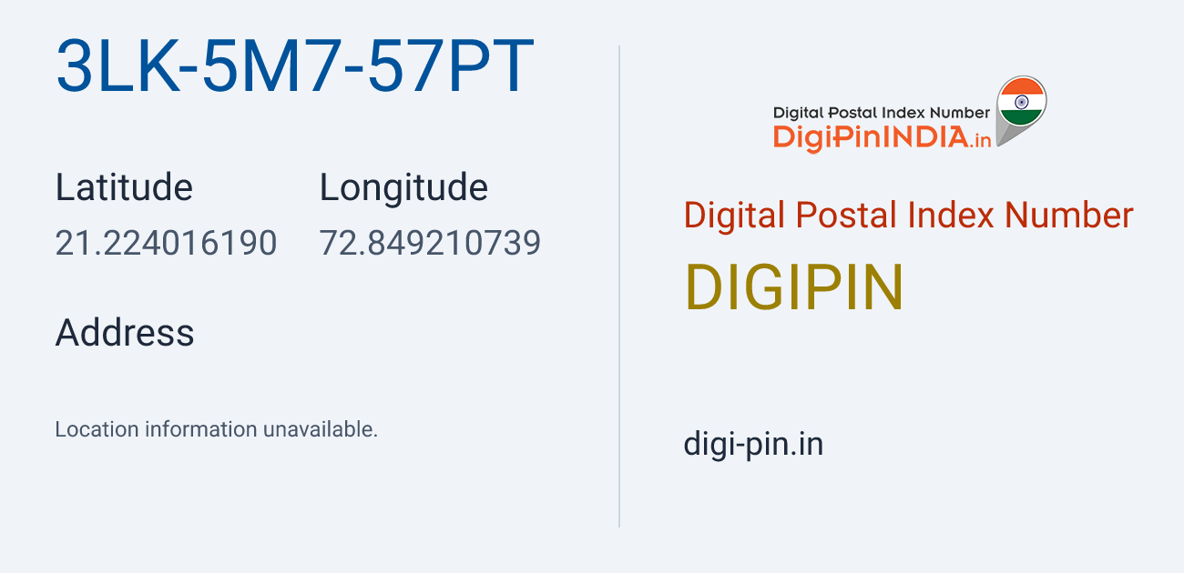 DigiPin 3LK-5M7-57PT location map showing coordinates 21.224016, 72.849211