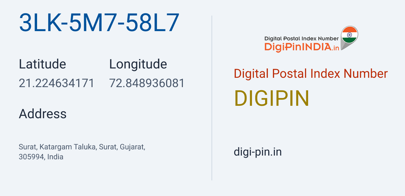DigiPin 3LK-5M7-58L7 location map showing coordinates 21.224634, 72.848936