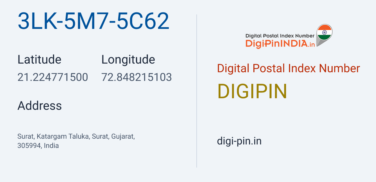 DigiPin 3LK-5M7-5C62 location map showing coordinates 21.224771, 72.848215