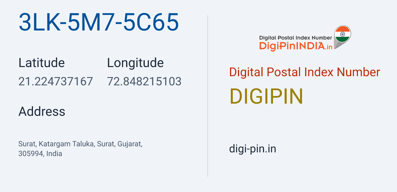 DigiPin 3LK-5M7-5C65 location map showing coordinates 21.224737, 72.848215