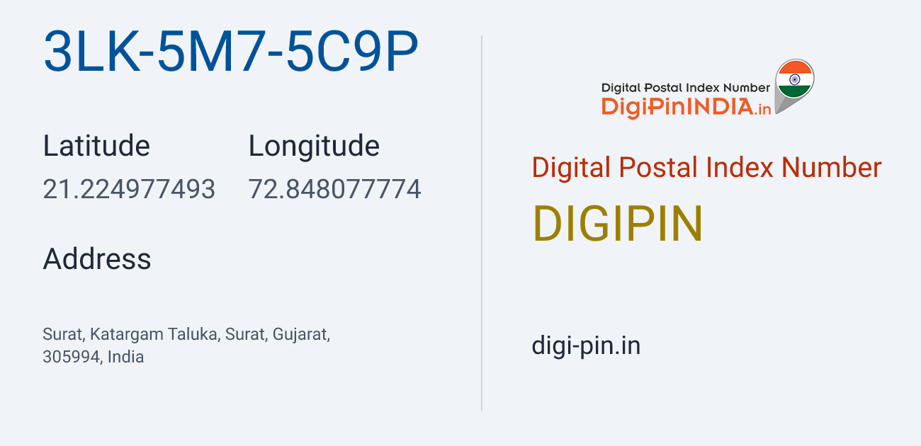DigiPin 3LK-5M7-5C9P location map showing coordinates 21.224977, 72.848078