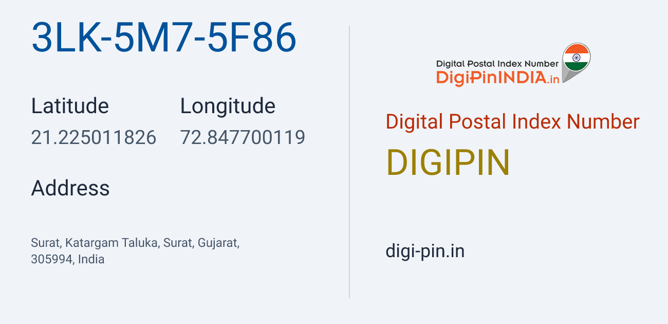 DigiPin 3LK-5M7-5F86 location map showing coordinates 21.225012, 72.847700