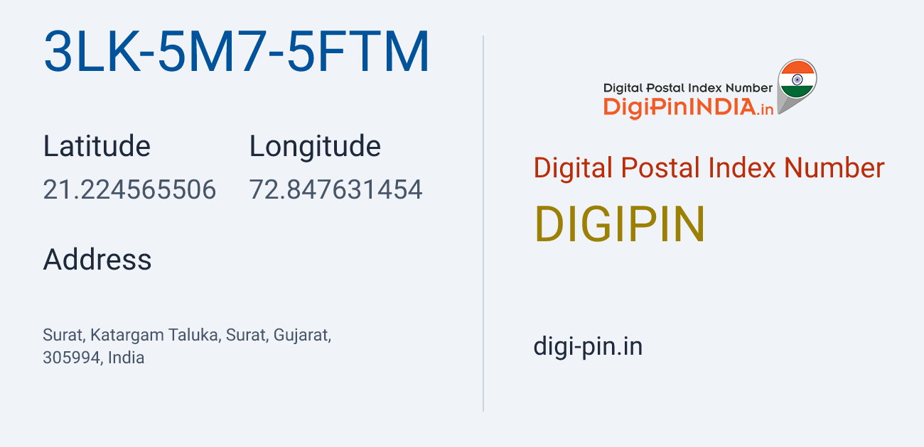 DigiPin 3LK-5M7-5FTM location map showing coordinates 21.224566, 72.847631
