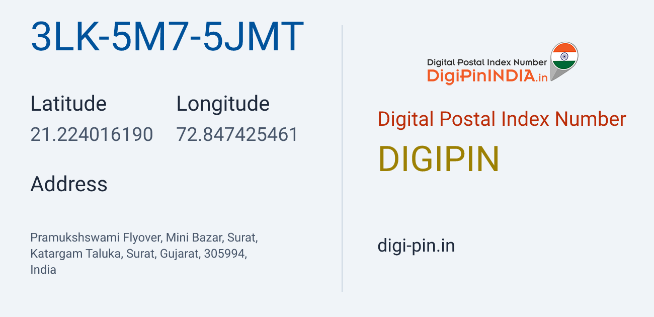 DigiPin 3LK-5M7-5JMT location map showing coordinates 21.224016, 72.847425