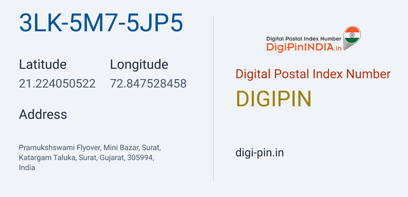 DigiPin 3LK-5M7-5JP5 location map showing coordinates 21.224051, 72.847528