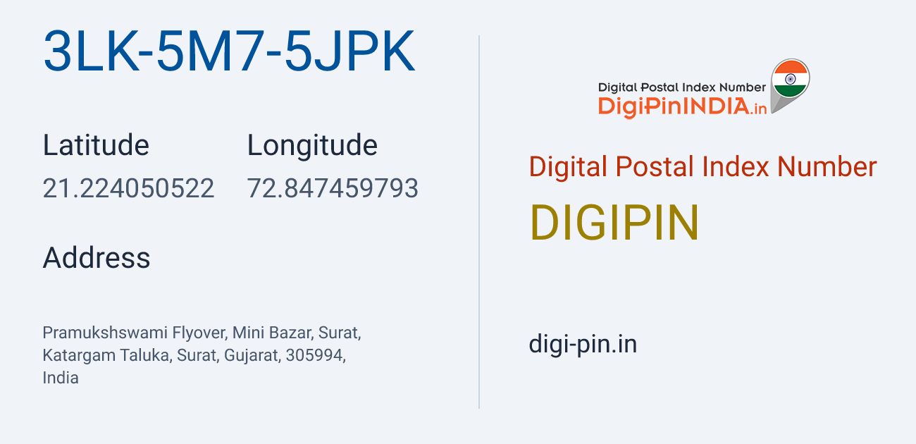 DigiPin 3LK-5M7-5JPK location map showing coordinates 21.224051, 72.847460