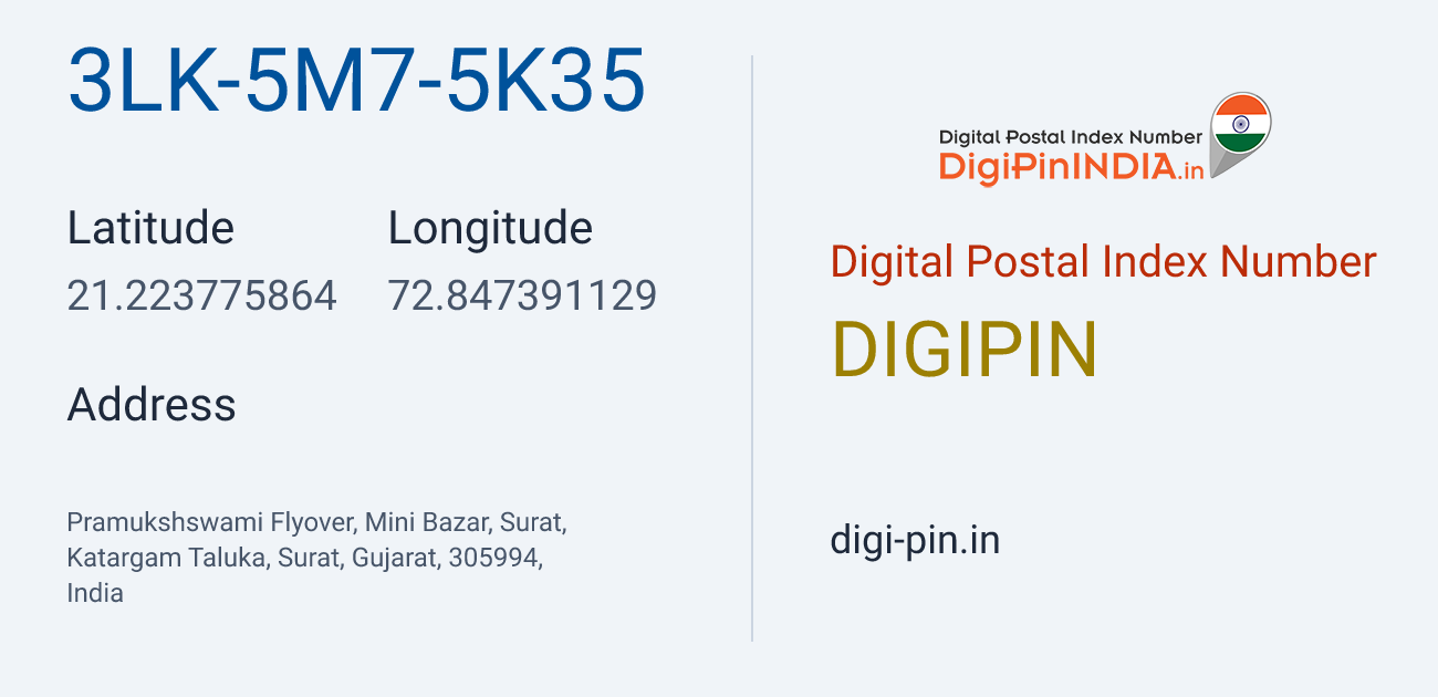 DigiPin 3LK-5M7-5K35 location map showing coordinates 21.223776, 72.847391
