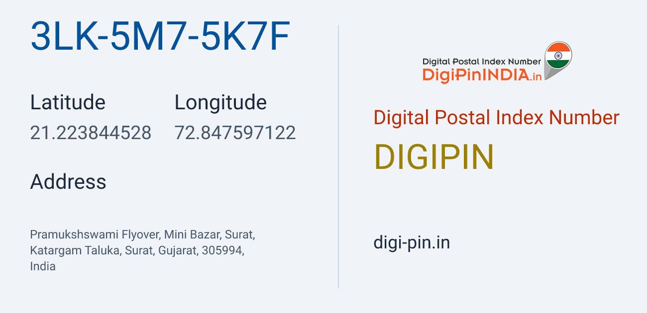 DigiPin 3LK-5M7-5K7F location map showing coordinates 21.223845, 72.847597