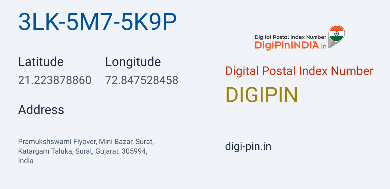 DigiPin 3LK-5M7-5K9P location map showing coordinates 21.223879, 72.847528