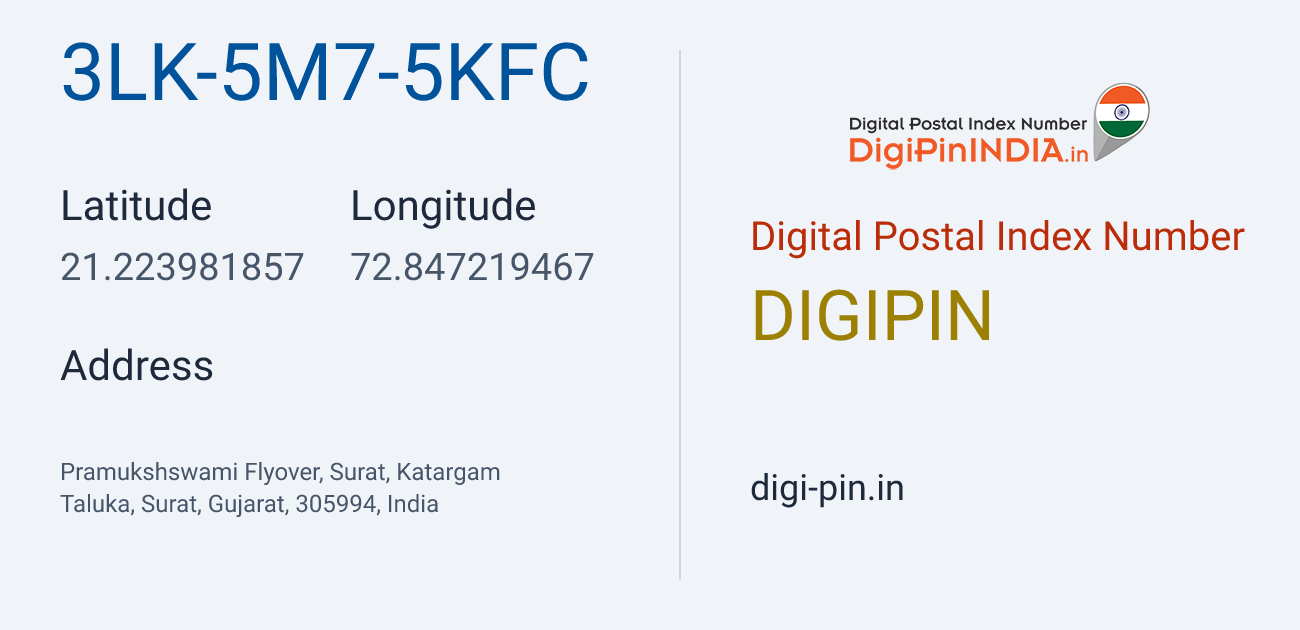 DigiPin 3LK-5M7-5KFC location map showing coordinates 21.223982, 72.847219