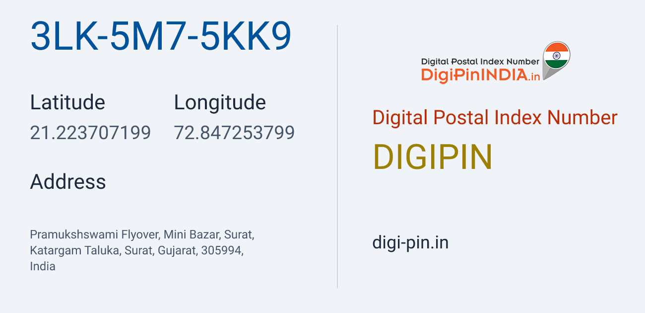 DigiPin 3LK-5M7-5KK9 location map showing coordinates 21.223707, 72.847254
