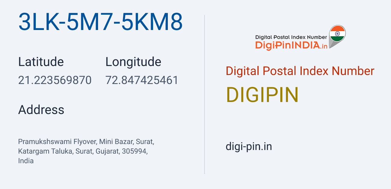 DigiPin 3LK-5M7-5KM8 location map showing coordinates 21.223570, 72.847425