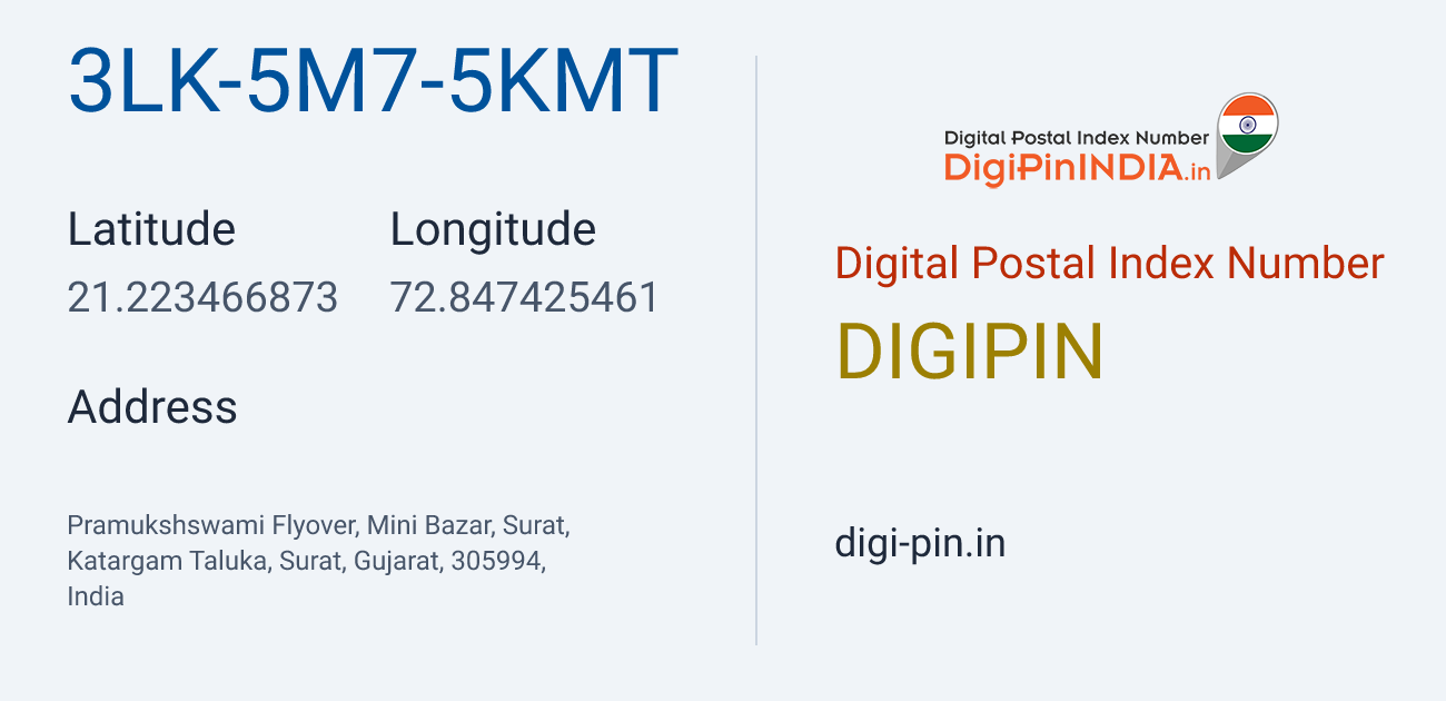DigiPin 3LK-5M7-5KMT location map showing coordinates 21.223467, 72.847425