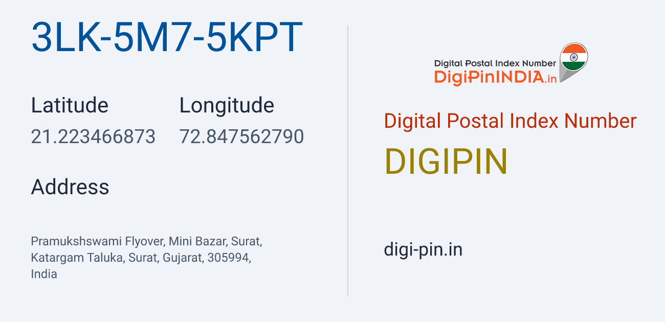 DigiPin 3LK-5M7-5KPT location map showing coordinates 21.223467, 72.847563