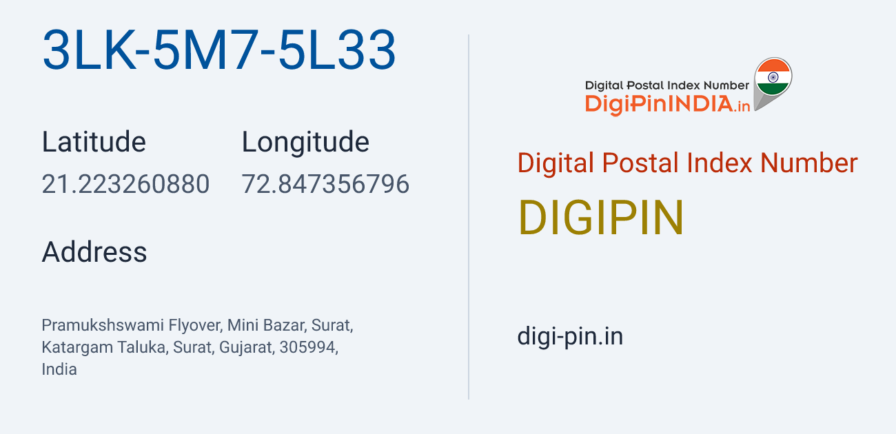 DigiPin 3LK-5M7-5L33 location map showing coordinates 21.223261, 72.847357