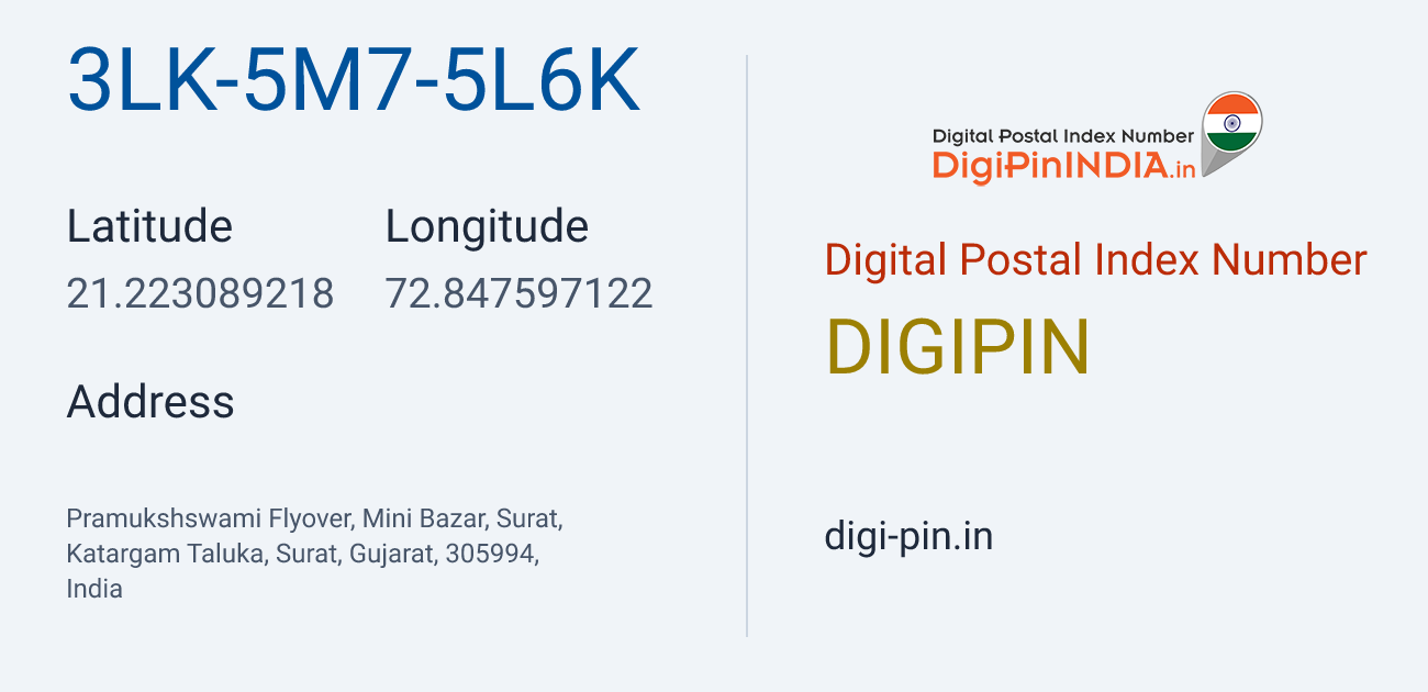 DigiPin 3LK-5M7-5L6K location map showing coordinates 21.223089, 72.847597