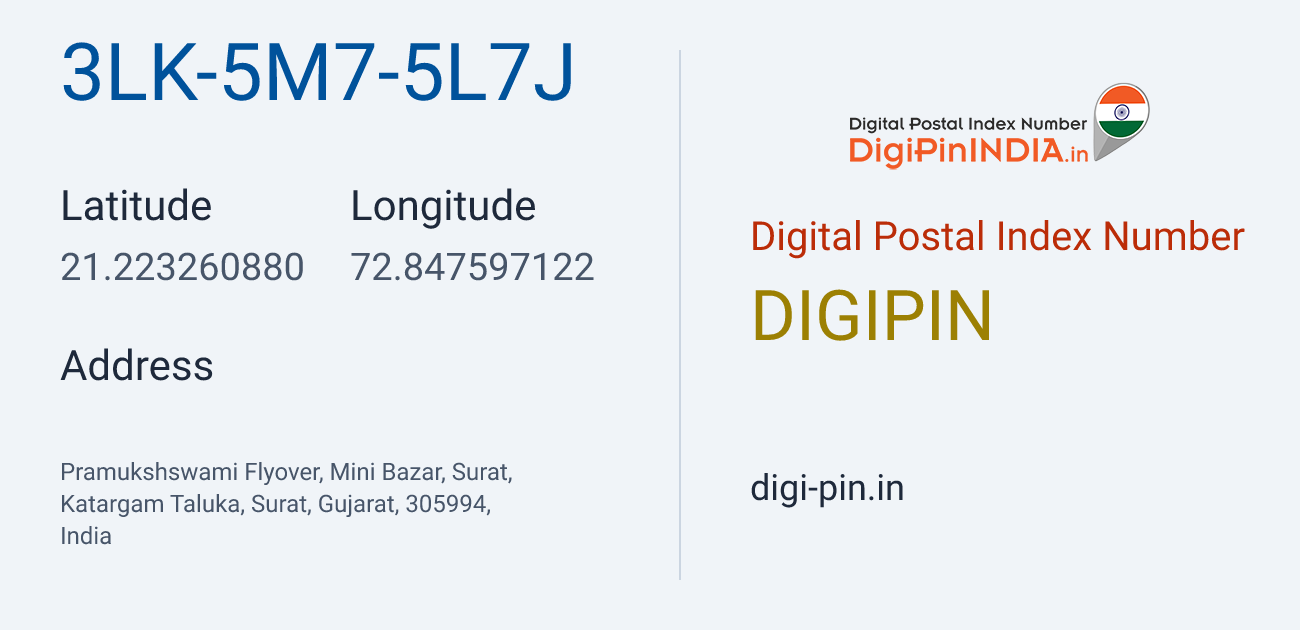 DigiPin 3LK-5M7-5L7J location map showing coordinates 21.223261, 72.847597