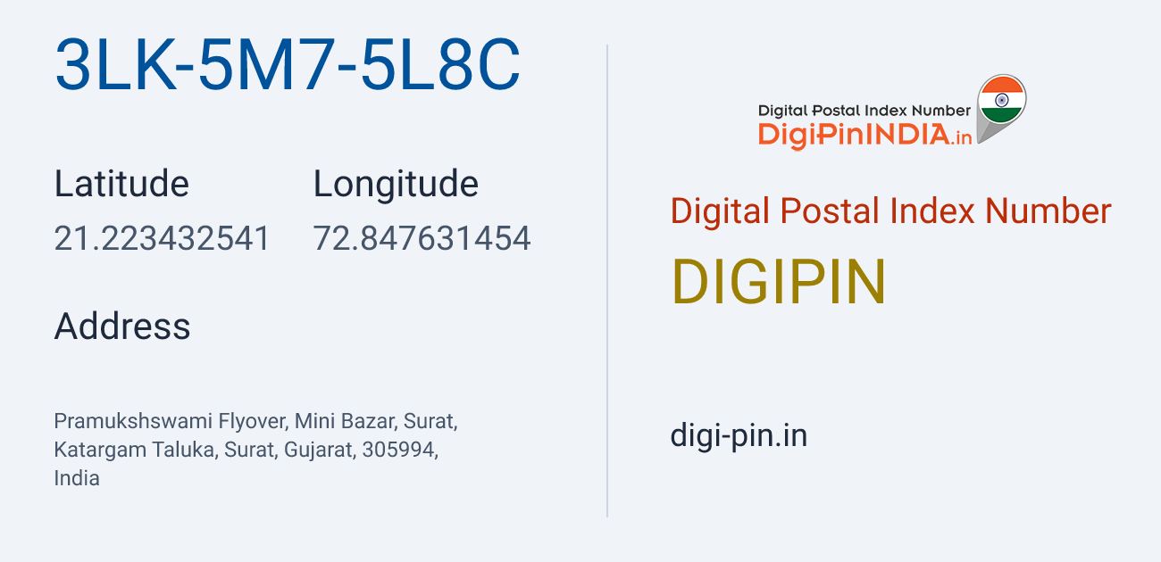 DigiPin 3LK-5M7-5L8C location map showing coordinates 21.223433, 72.847631