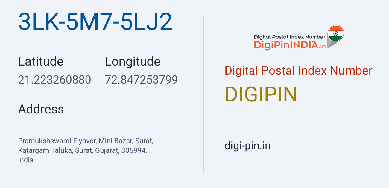 DigiPin 3LK-5M7-5LJ2 location map showing coordinates 21.223261, 72.847254