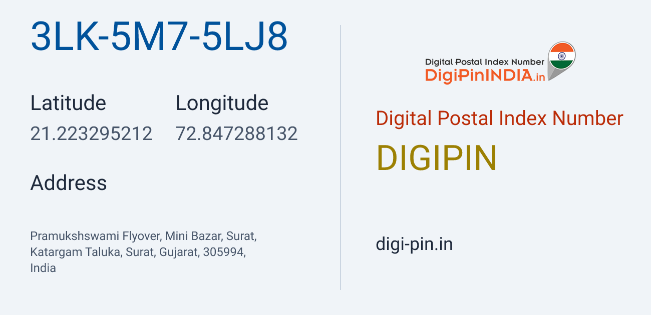 DigiPin 3LK-5M7-5LJ8 location map showing coordinates 21.223295, 72.847288