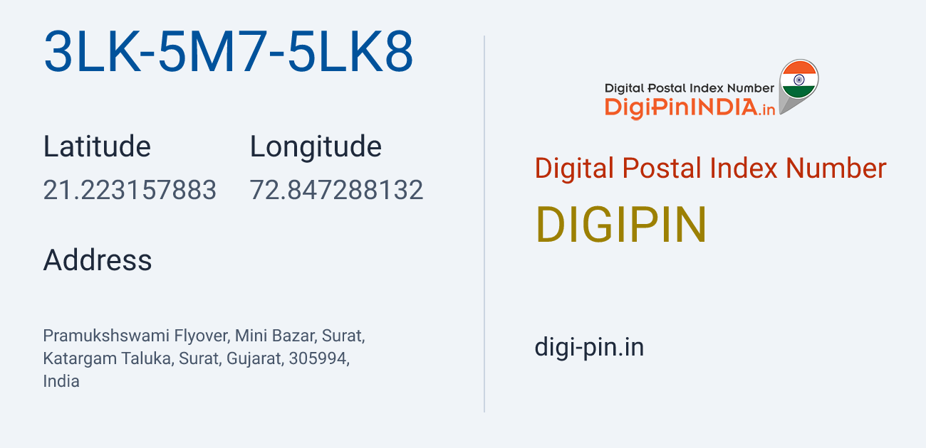 DigiPin 3LK-5M7-5LK8 location map showing coordinates 21.223158, 72.847288