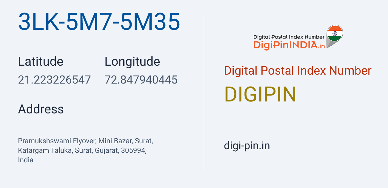 DigiPin 3LK-5M7-5M35 location map showing coordinates 21.223227, 72.847940