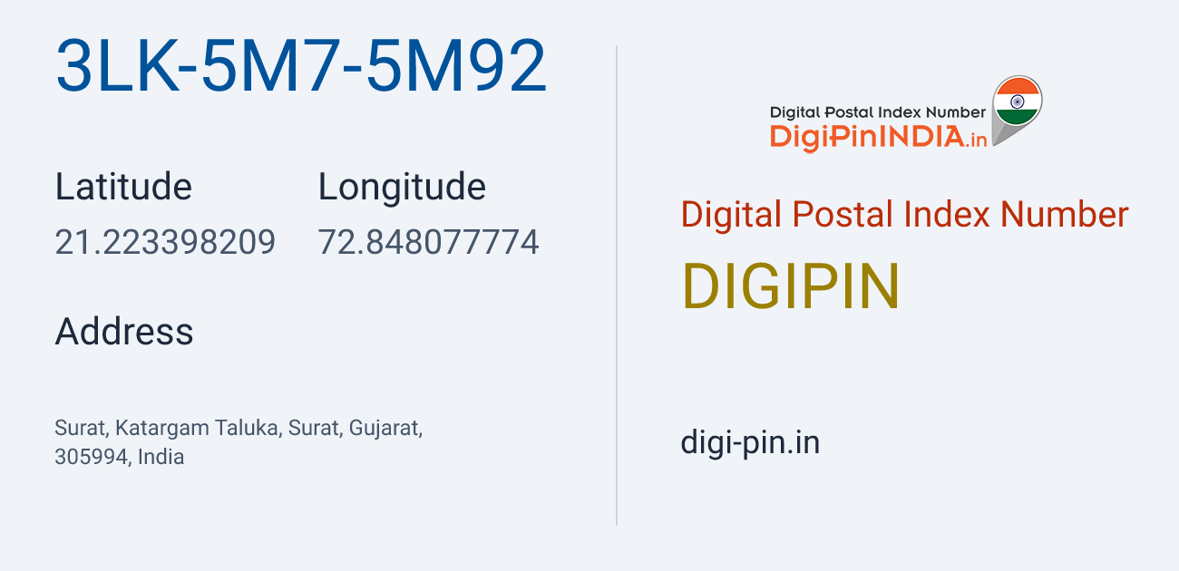 DigiPin 3LK-5M7-5M92 location map showing coordinates 21.223398, 72.848078