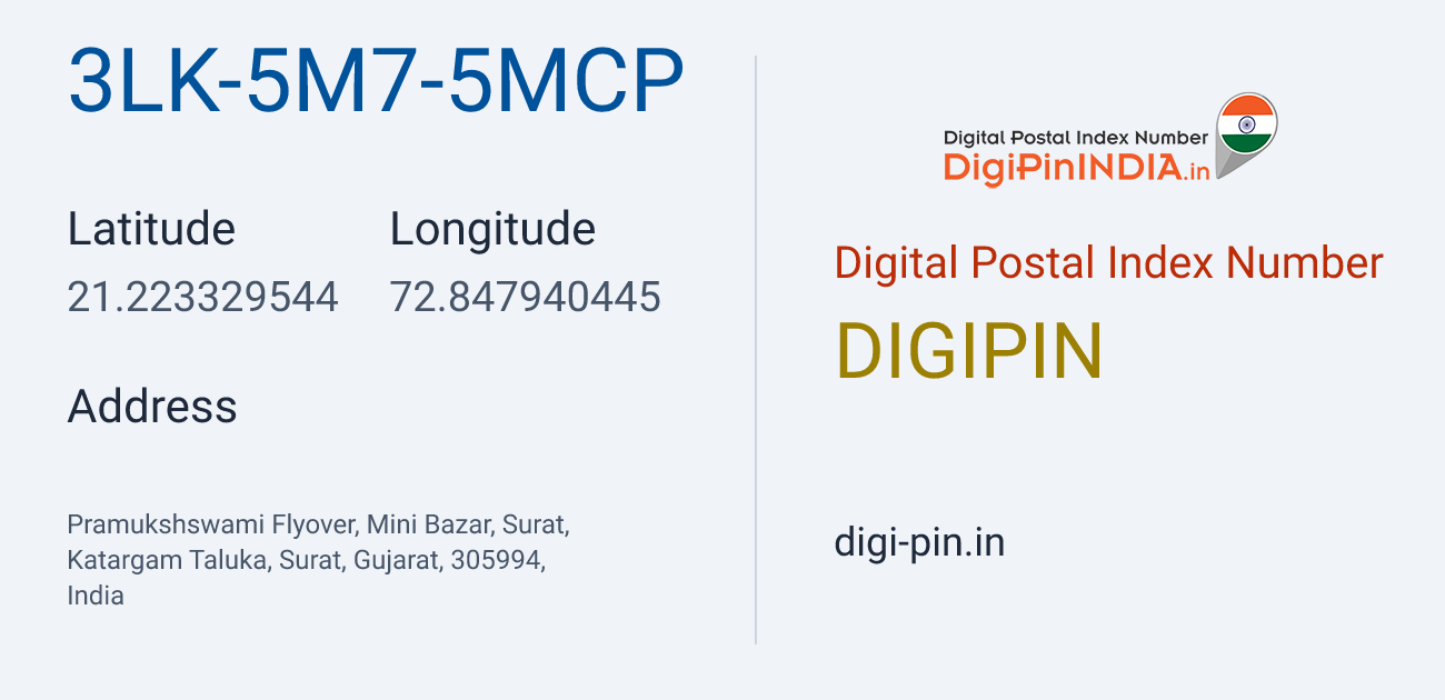 DigiPin 3LK-5M7-5MCP location map showing coordinates 21.223330, 72.847940