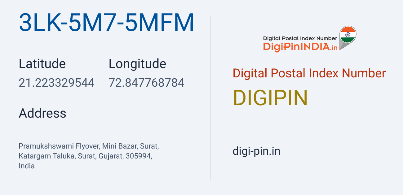 DigiPin 3LK-5M7-5MFM location map showing coordinates 21.223330, 72.847769
