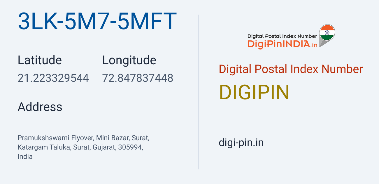 DigiPin 3LK-5M7-5MFT location map showing coordinates 21.223330, 72.847837