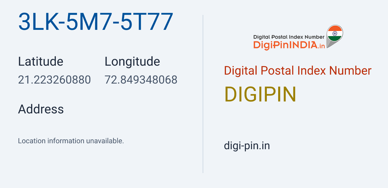 DigiPin 3LK-5M7-5T77 location map showing coordinates 21.223261, 72.849348
