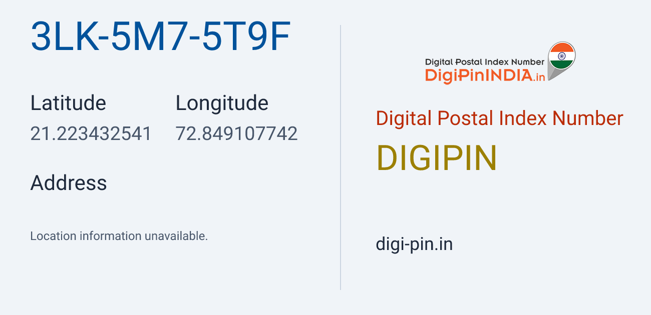 DigiPin 3LK-5M7-5T9F location map showing coordinates 21.223433, 72.849108