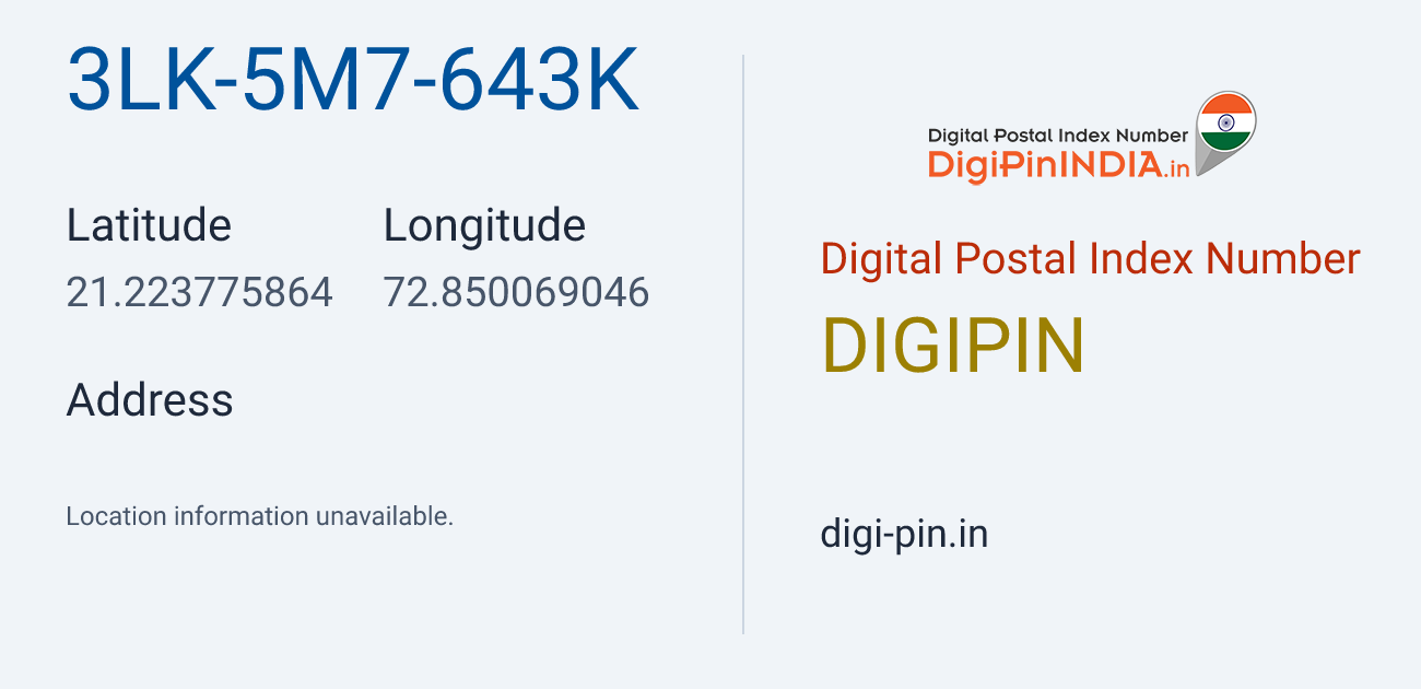 DigiPin 3LK-5M7-643K location map showing coordinates 21.223776, 72.850069