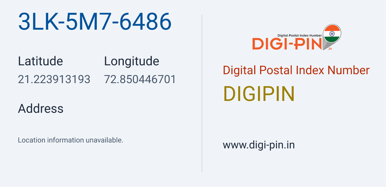 DigiPin 3LK-5M7-6486 location map showing coordinates 21.223913, 72.850447
