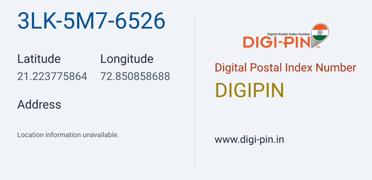 DigiPin 3LK-5M7-6526 location map showing coordinates 21.223776, 72.850859