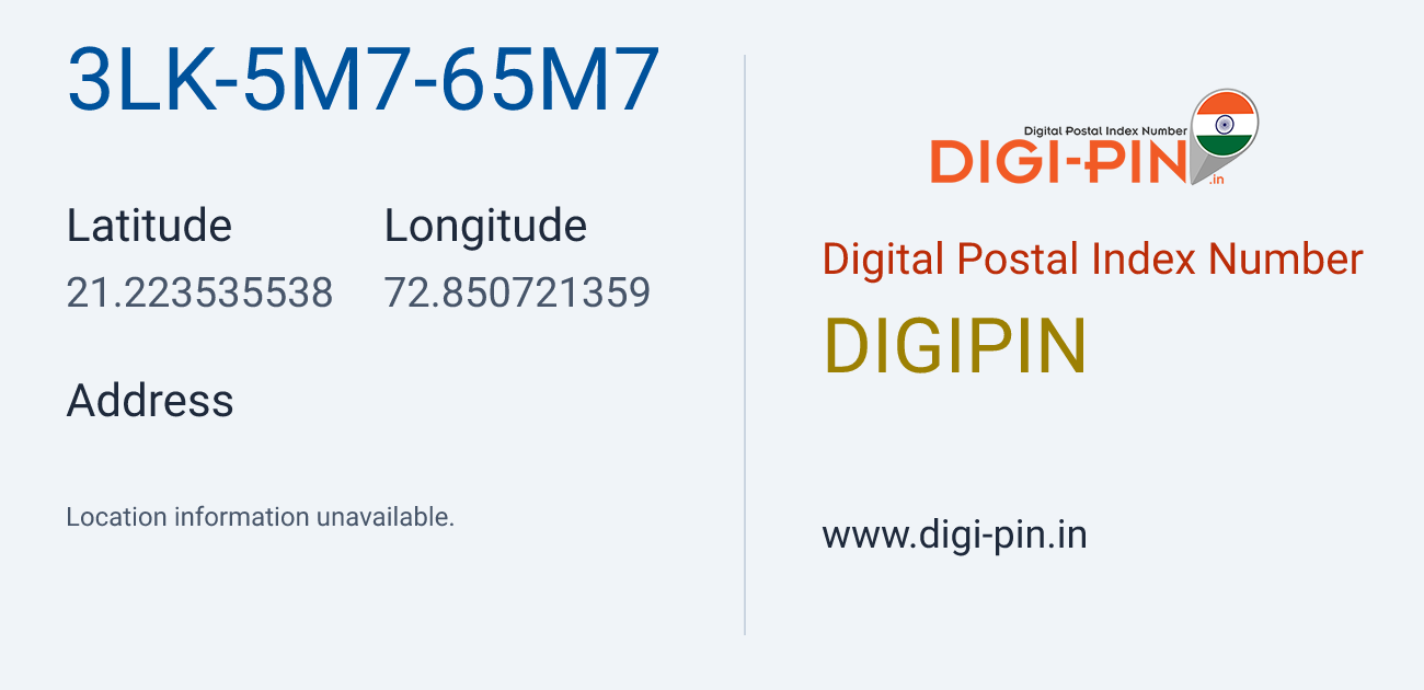 DigiPin 3LK-5M7-65M7 location map showing coordinates 21.223536, 72.850721