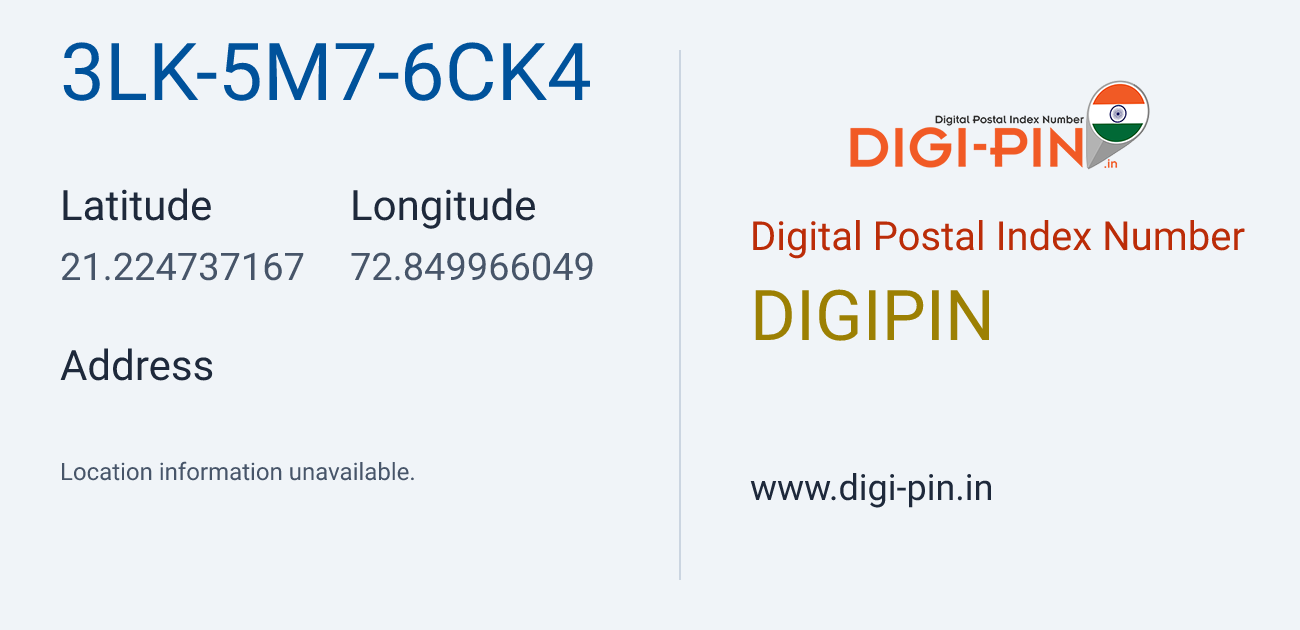 DigiPin 3LK-5M7-6CK4 location map showing coordinates 21.224737, 72.849966