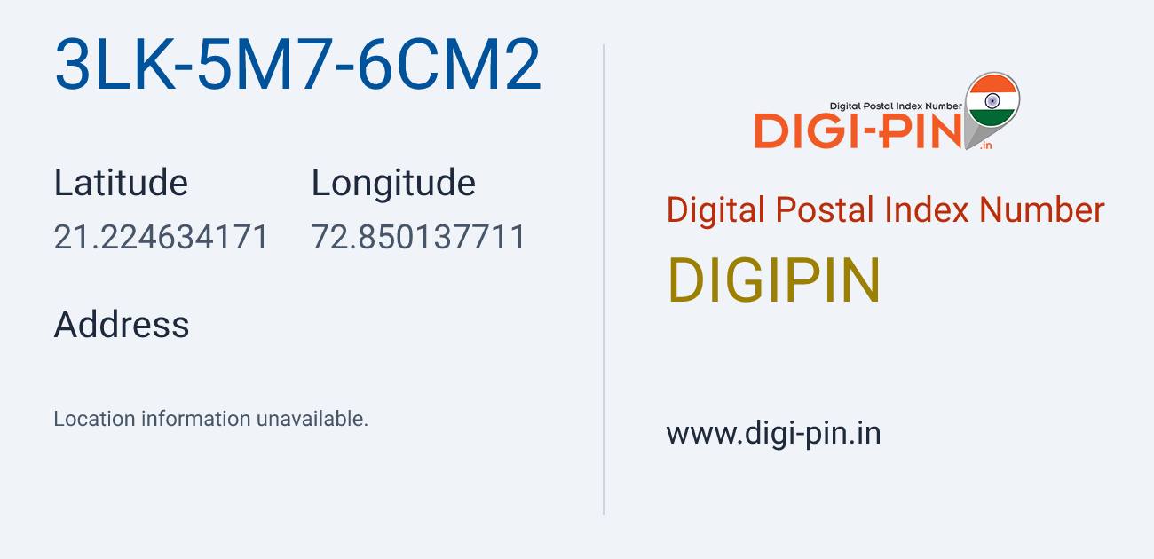 DigiPin 3LK-5M7-6CM2 location map showing coordinates 21.224634, 72.850138