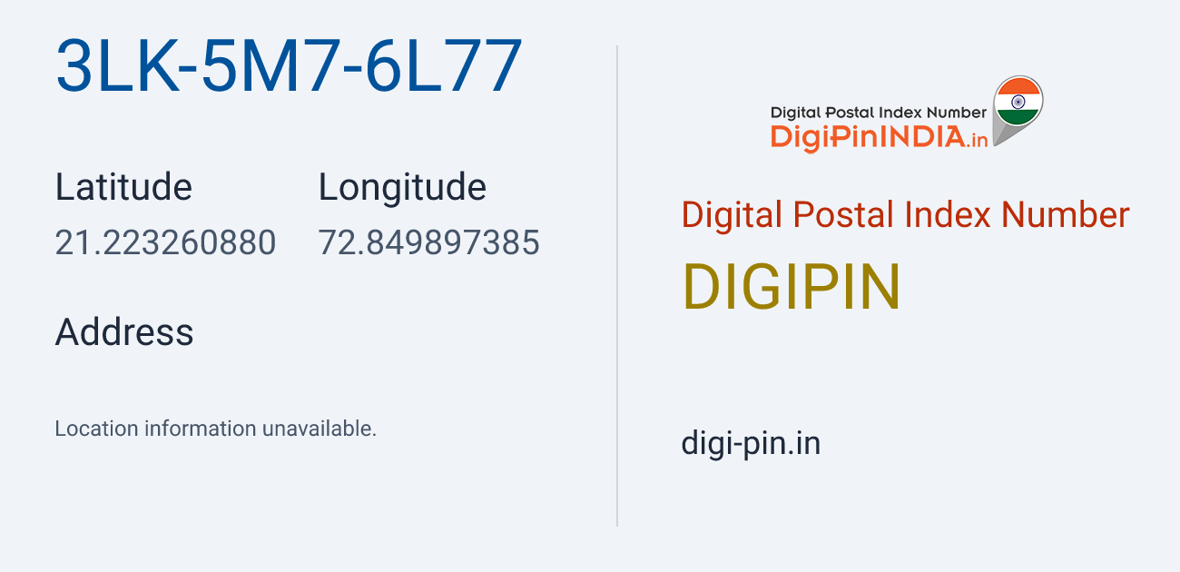 DigiPin 3LK-5M7-6L77 location map showing coordinates 21.223261, 72.849897