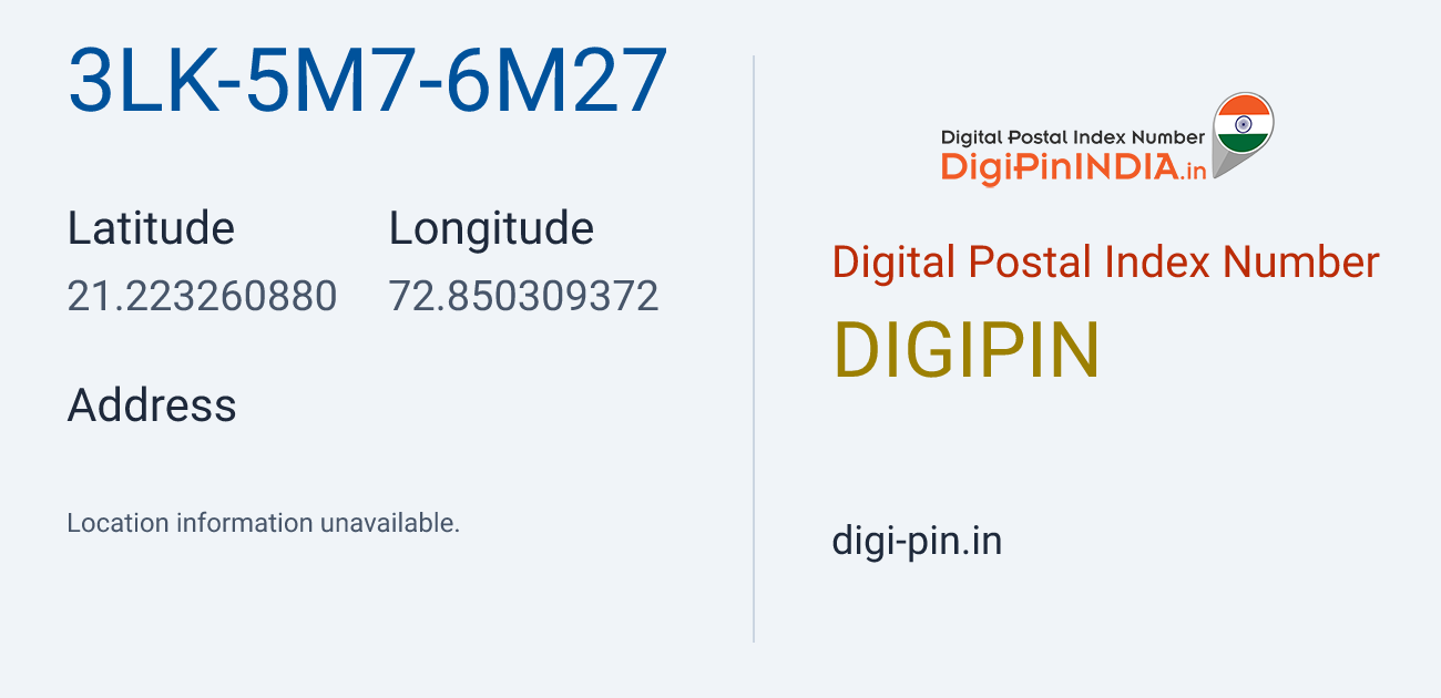 DigiPin 3LK-5M7-6M27 location map showing coordinates 21.223261, 72.850309