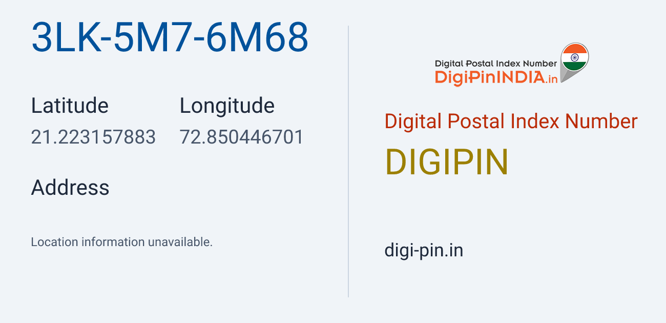 DigiPin 3LK-5M7-6M68 location map showing coordinates 21.223158, 72.850447
