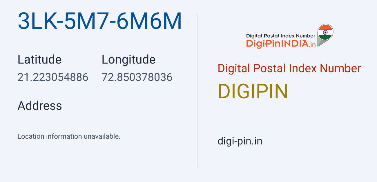 DigiPin 3LK-5M7-6M6M location map showing coordinates 21.223055, 72.850378