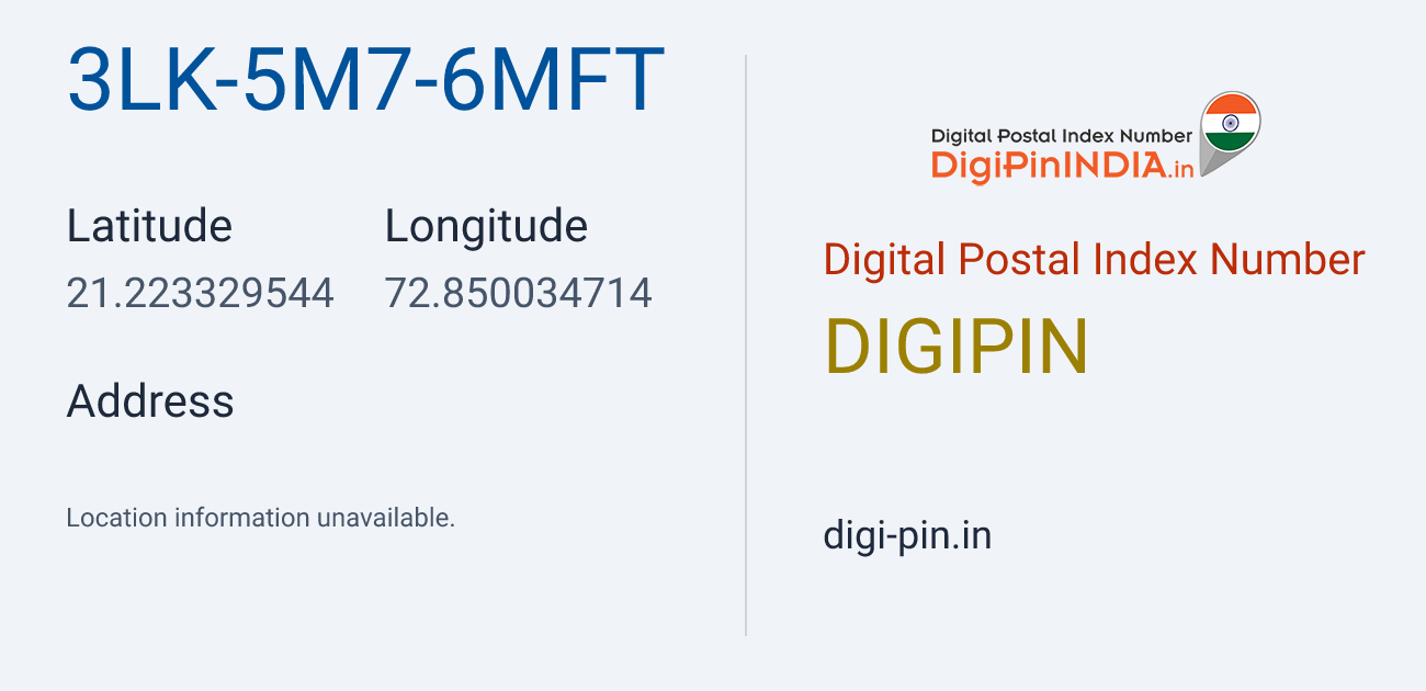 DigiPin 3LK-5M7-6MFT location map showing coordinates 21.223330, 72.850035