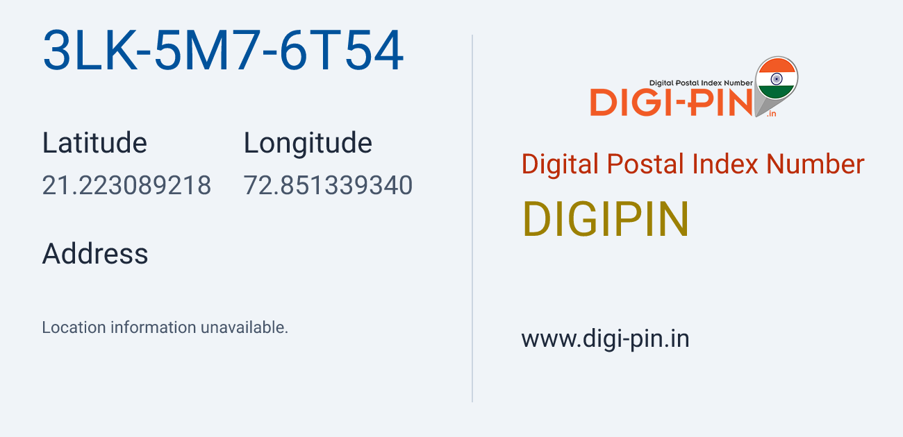 DigiPin 3LK-5M7-6T54 location map showing coordinates 21.223089, 72.851339
