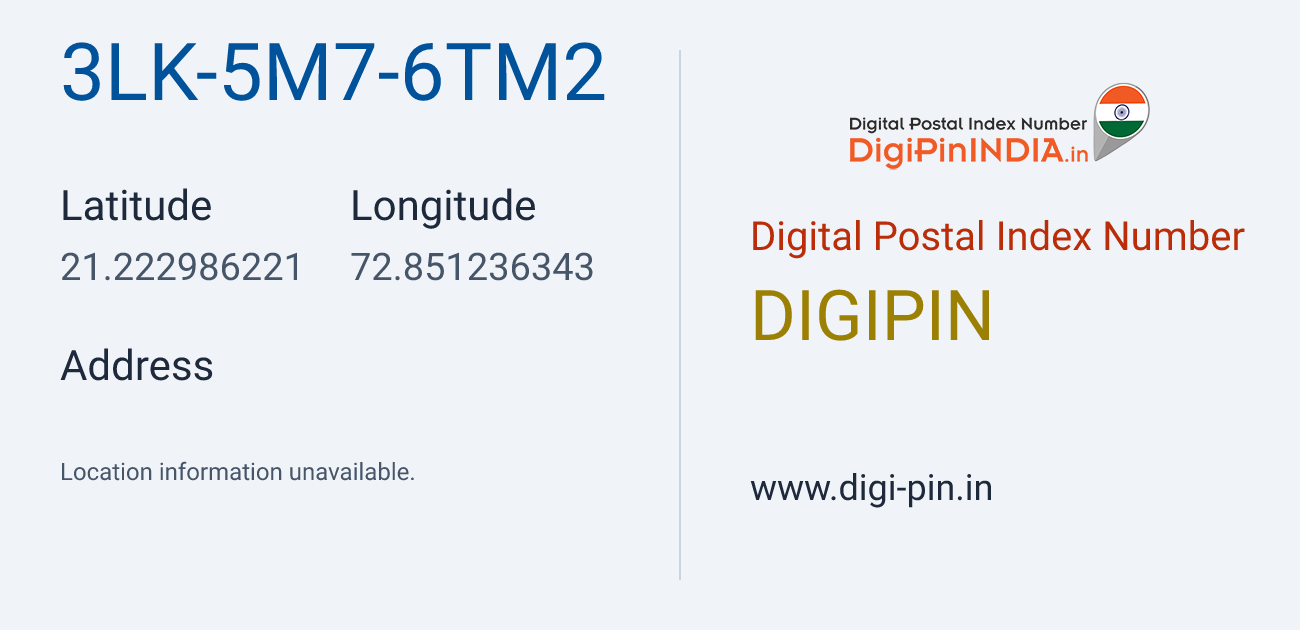 DigiPin 3LK-5M7-6TM2 location map showing coordinates 21.222986, 72.851236