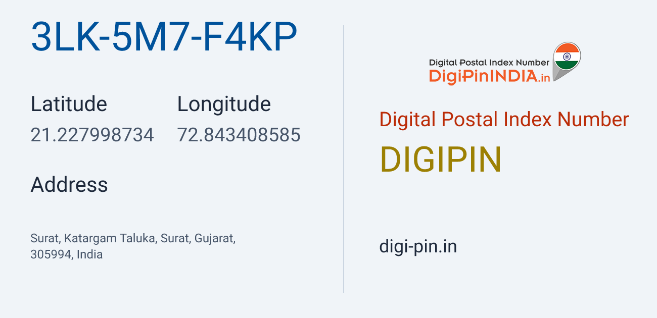 DigiPin 3LK-5M7-F4KP location map showing coordinates 21.227999, 72.843409
