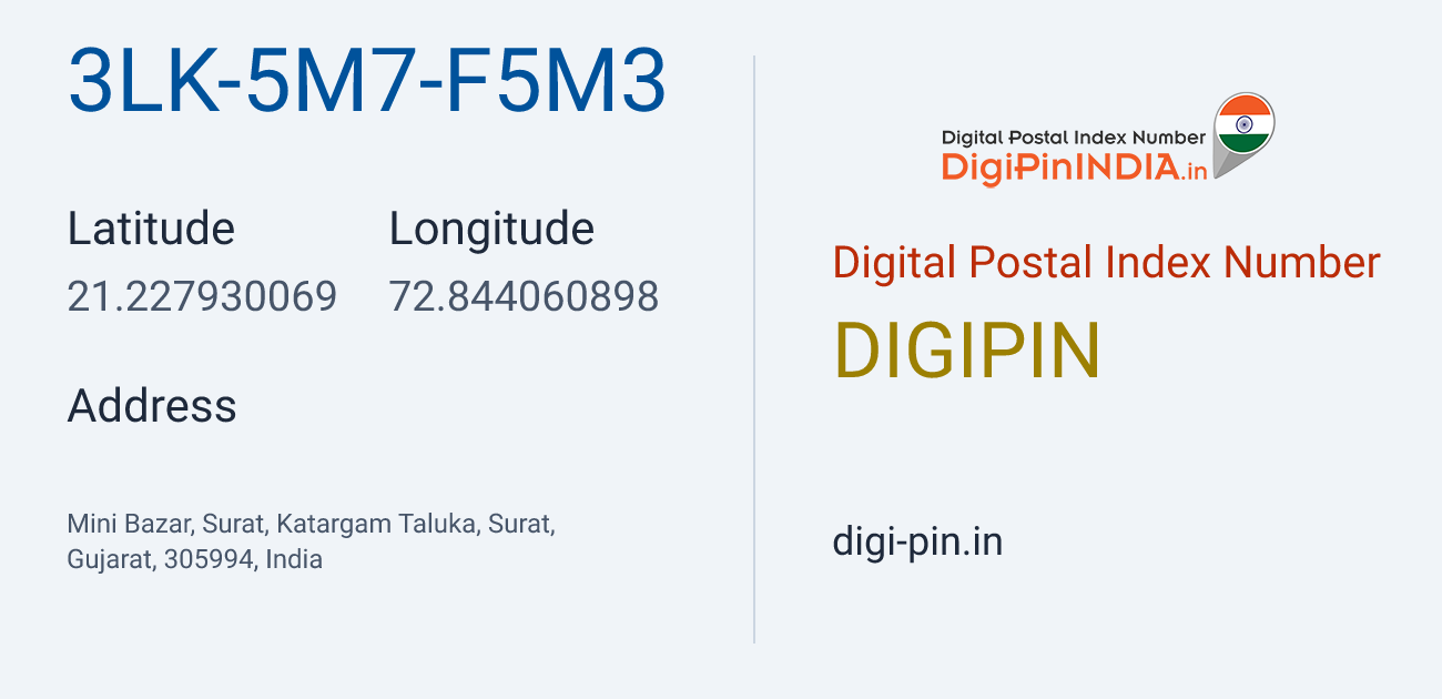 DigiPin 3LK-5M7-F5M3 location map showing coordinates 21.227930, 72.844061
