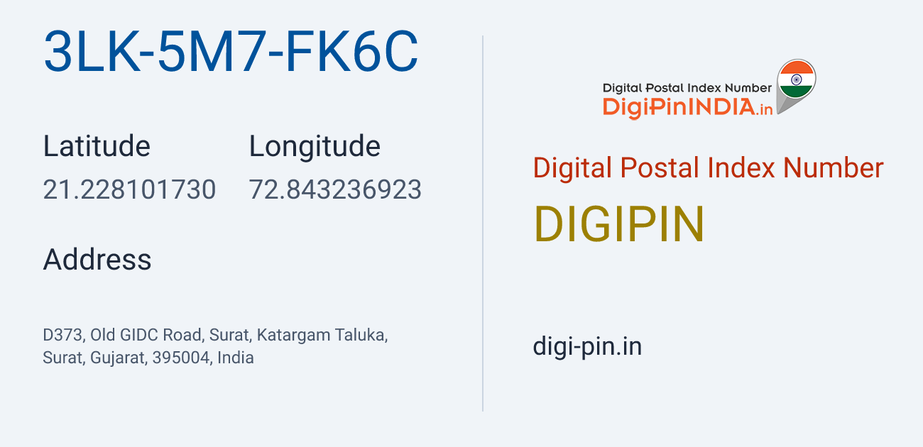 DigiPin 3LK-5M7-FK6C location map showing coordinates 21.228102, 72.843237