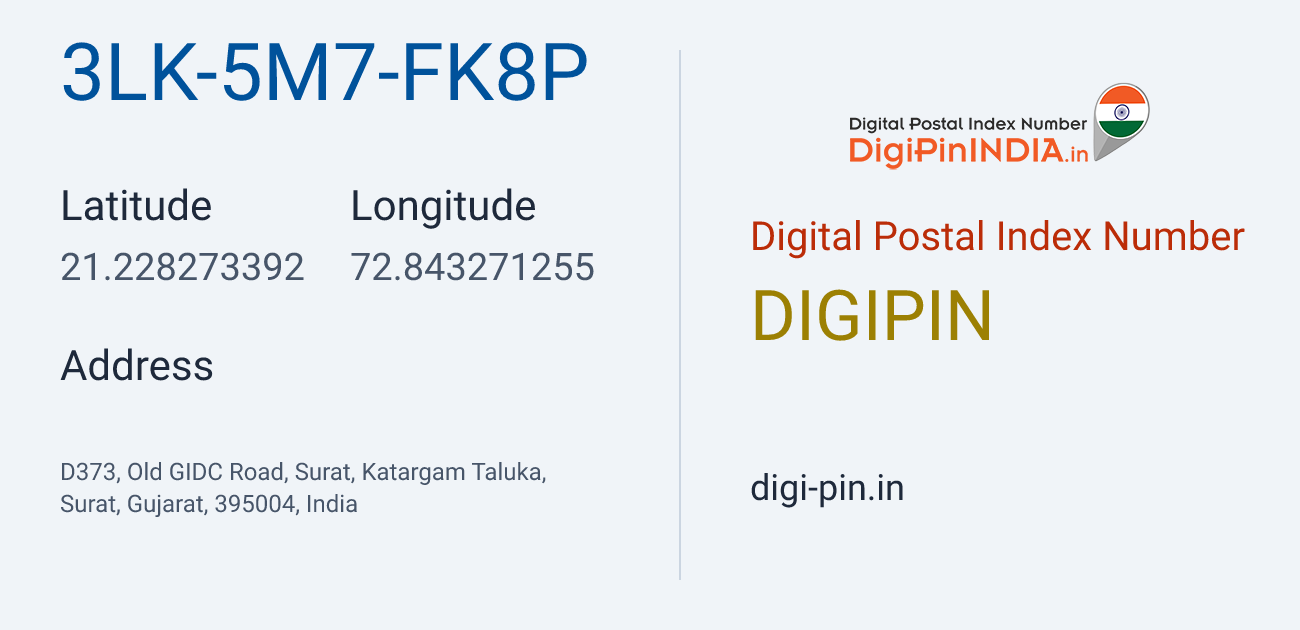 DigiPin 3LK-5M7-FK8P location map showing coordinates 21.228273, 72.843271